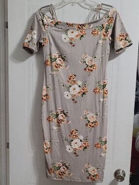 Haute Monde Taupe Floral Off-Shoulder Midi Dress